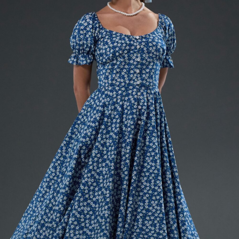 Carmen’Blue Blooms Vintage Style Full Circle Blue Floral Dress British Retro 10